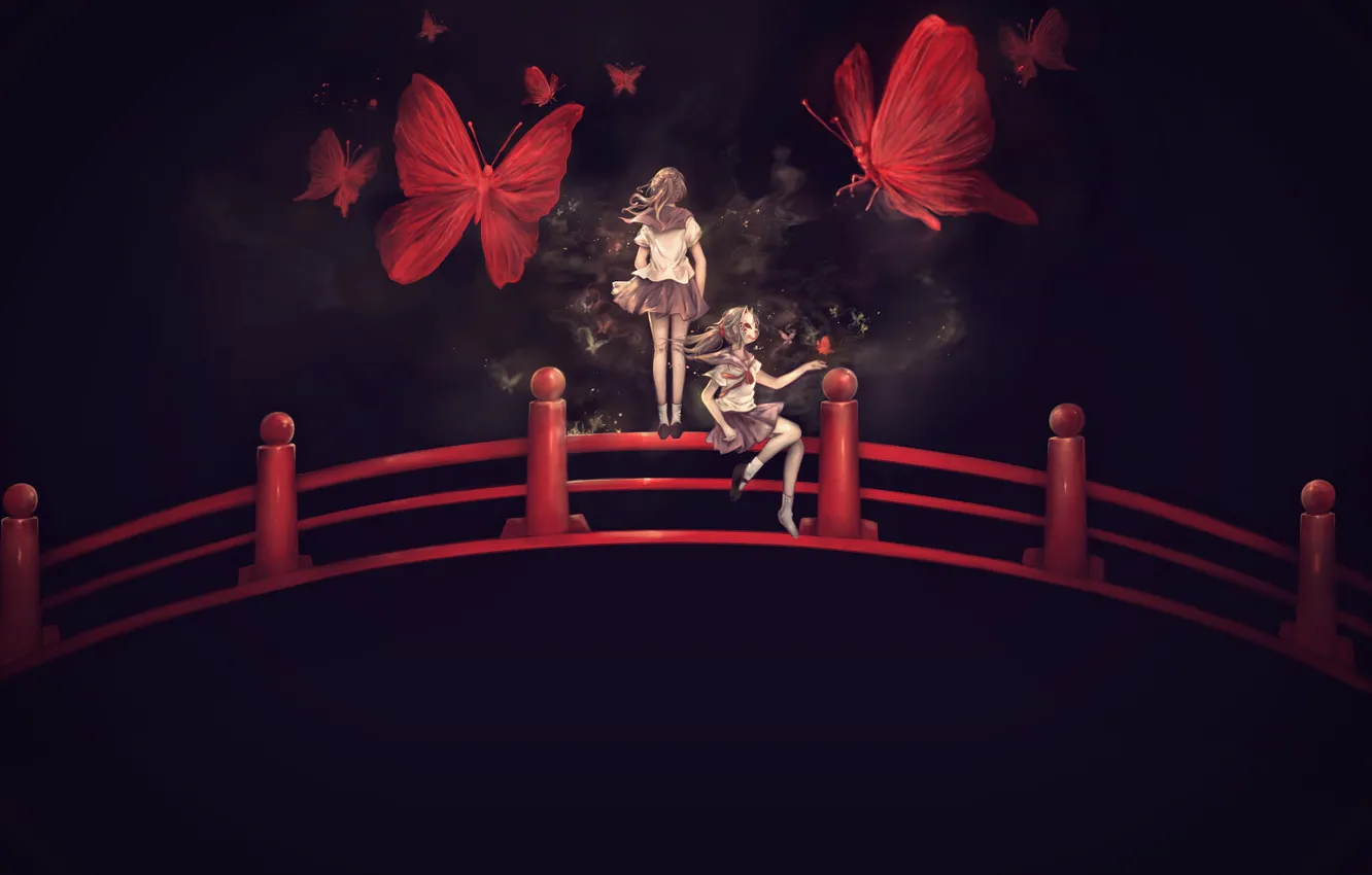 Фото обои бабочки, мост, девочки, маска