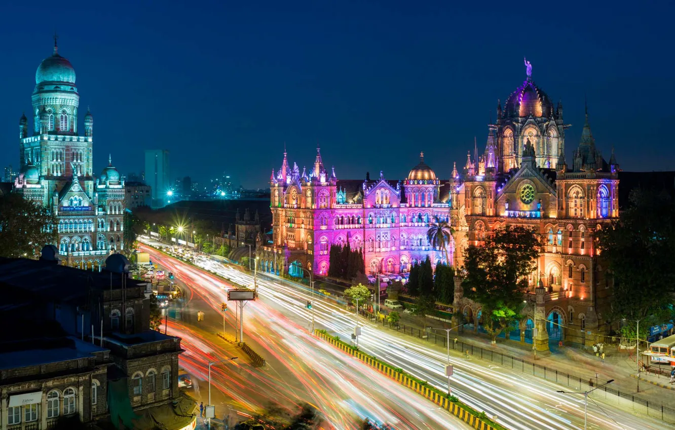 Фото обои ночь, огни, дома, Индия, Мумбаи, Вокзал Чхатрапати-Шиваджи
