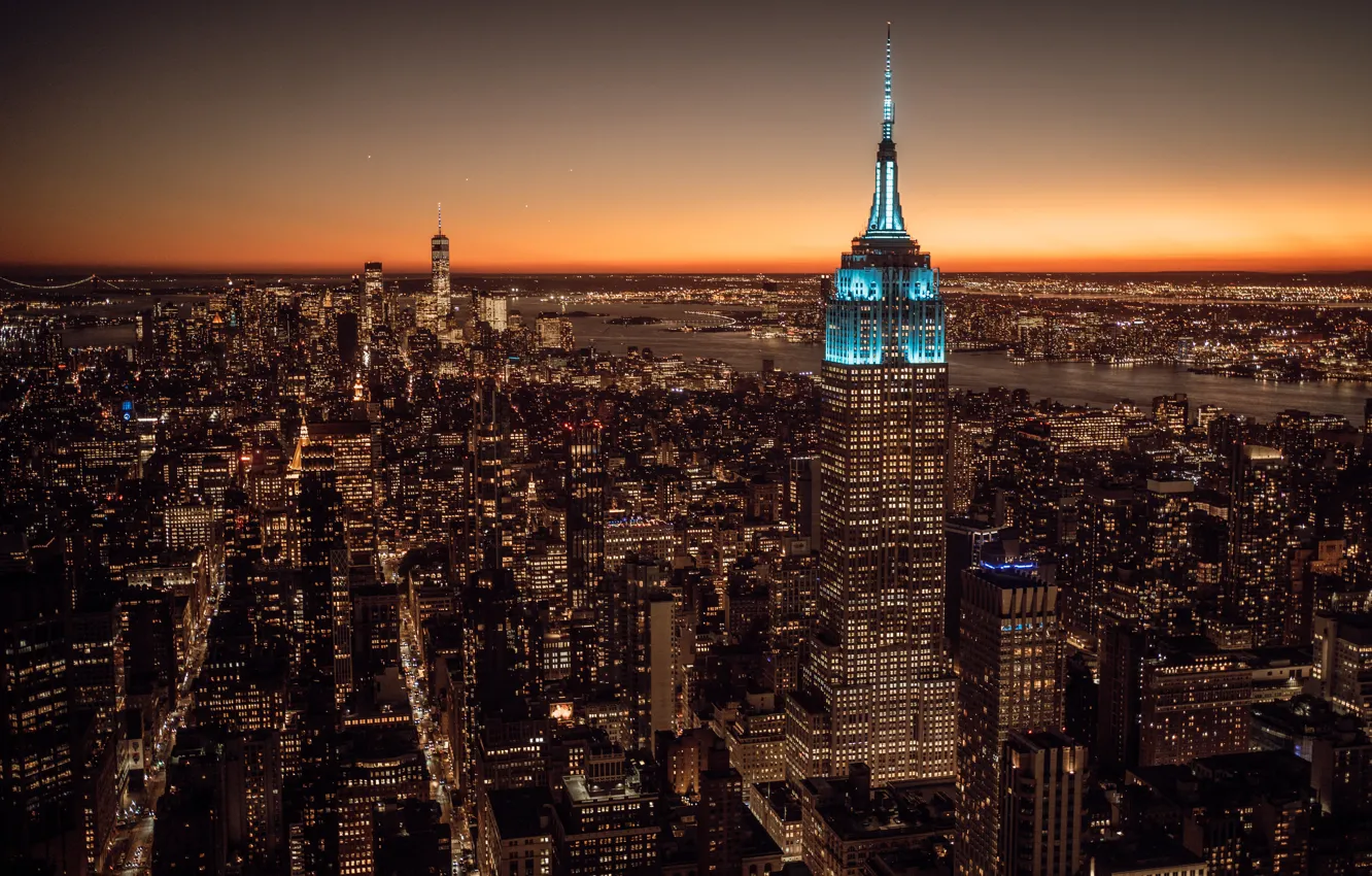 Фото обои World, Sunset, New York City, Empire State Building, Cityscape, City lights