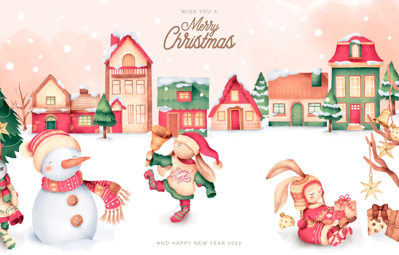 Фото обои зима, снег, дерево, дома, Рождество, кролики, Новый год, снеговик