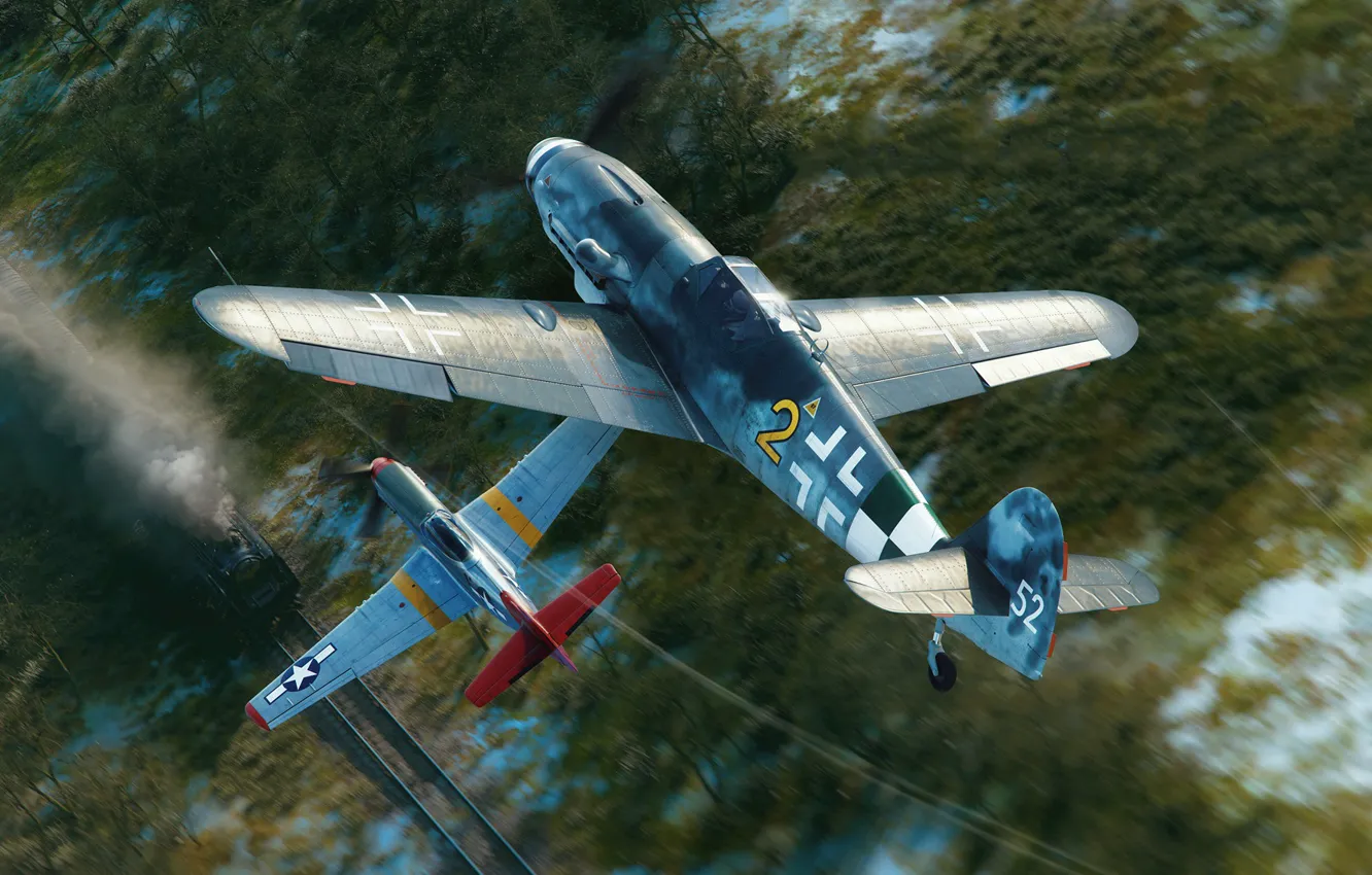 Фото обои Истребитель, Messerschmitt, P-51D Mustang, Боевой самолёт, Bf-109G, Bf. 109G-10
