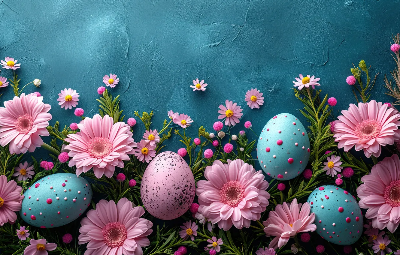 Фото обои цветы, яйца, весна, colorful, Пасха, happy, pink, flowers