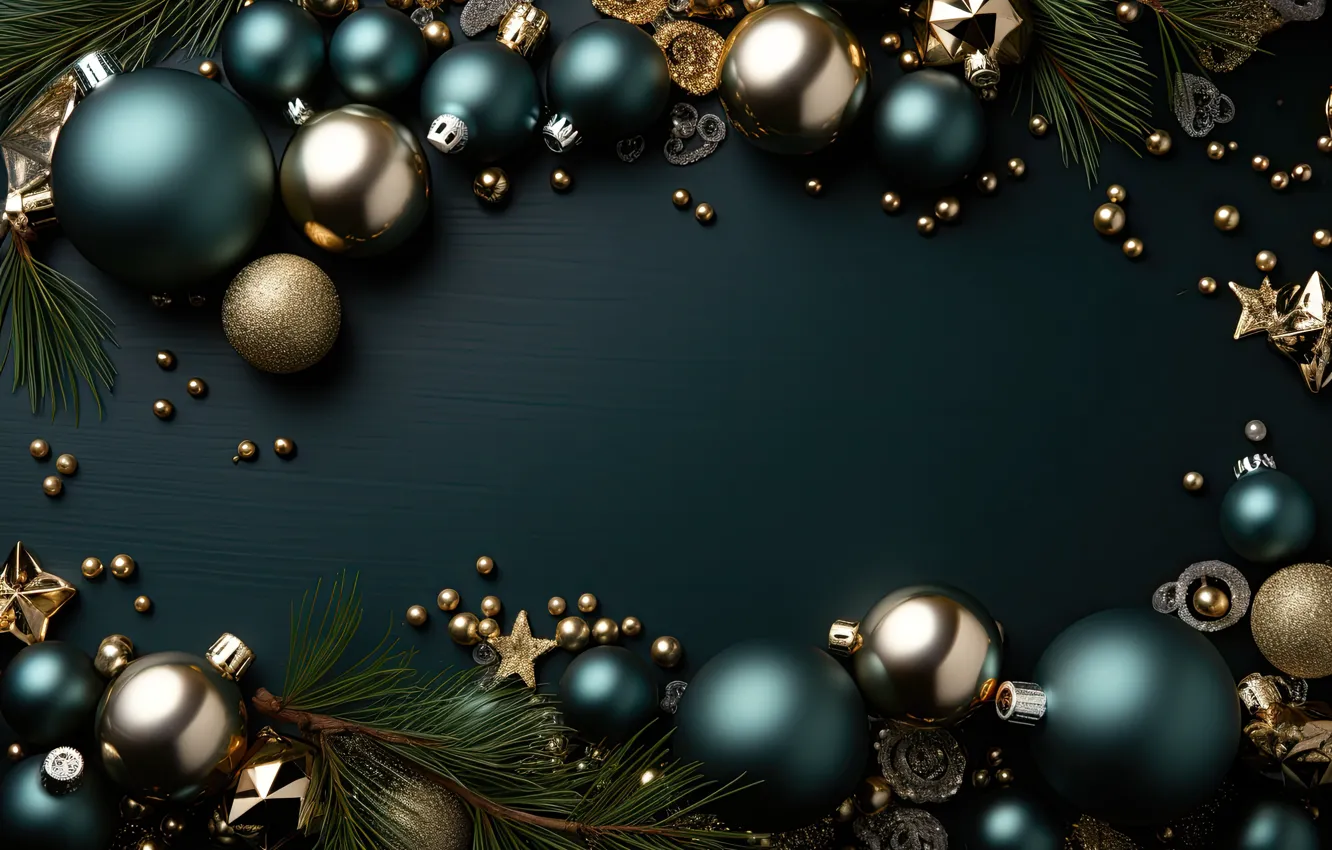 Фото обои украшения, темный фон, шары, Новый Год, Рождество, golden, new year, happy
