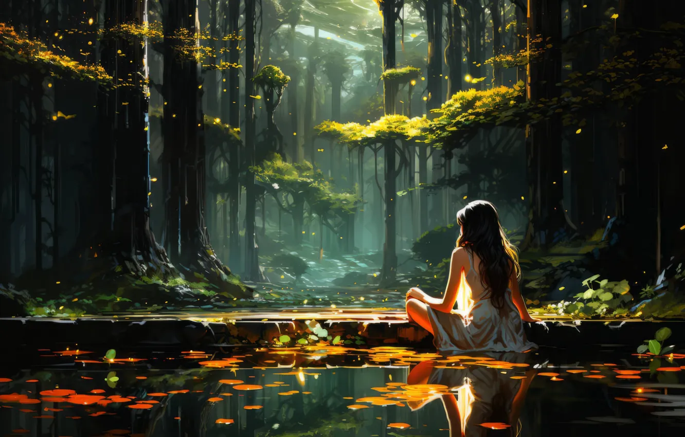 Фото обои forest, girls, nature, water, people, drawings