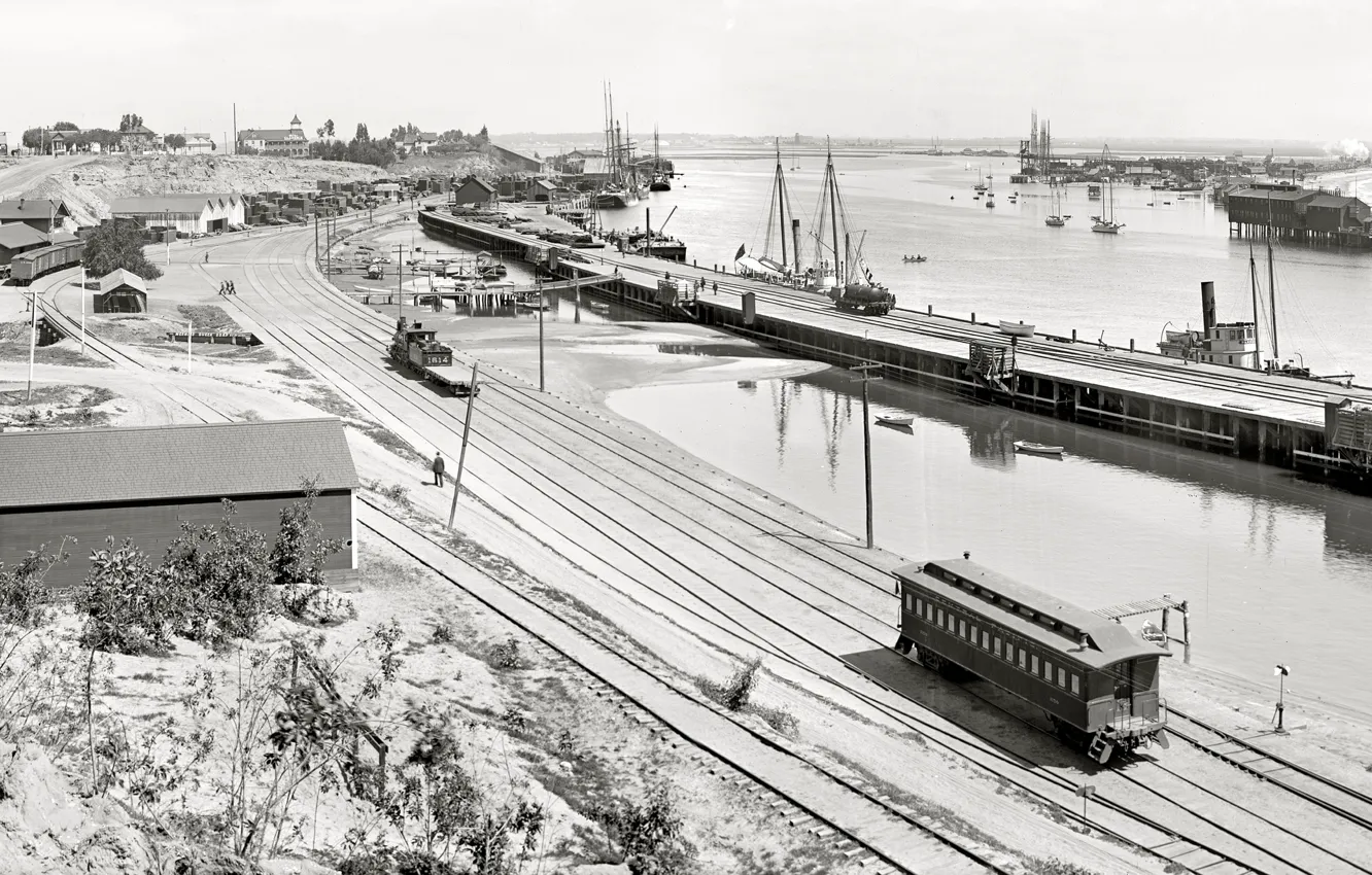 Фото обои море, ретро, корабль, причал, вагон, пирс, США, 1899-й год