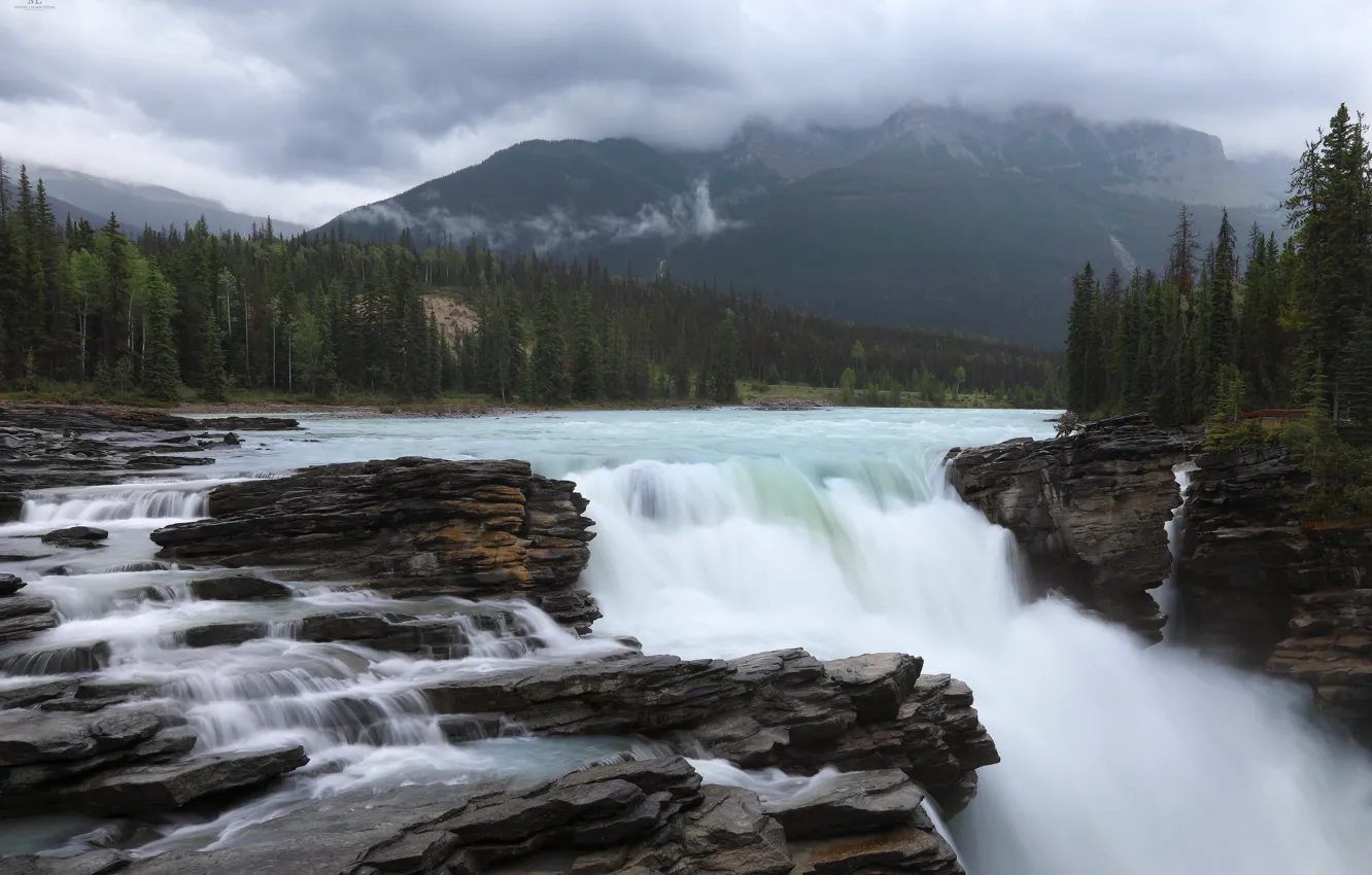 Фото обои лес, горы, река, водопад, Канада, Альберта, Alberta, Canada