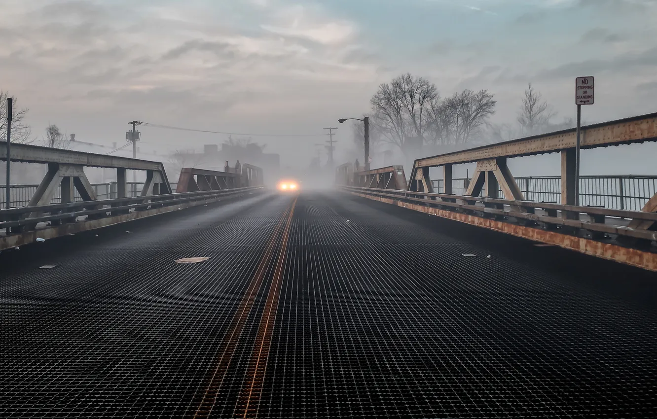 Фото обои свет, мост, туман, автомобиль, Нью-Джерси