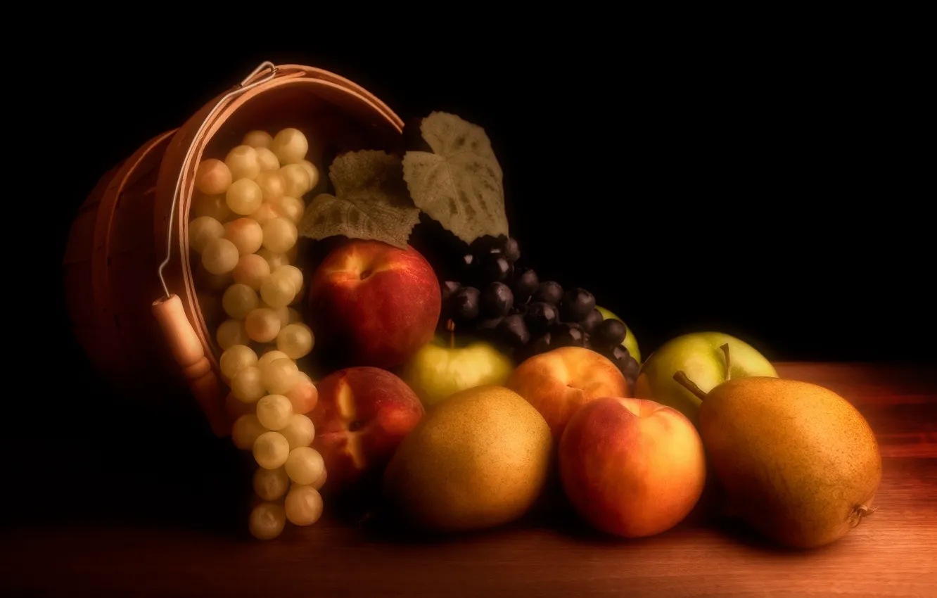 Фото обои яблоки, виноград, фрукты, натюрморт, персики, груши