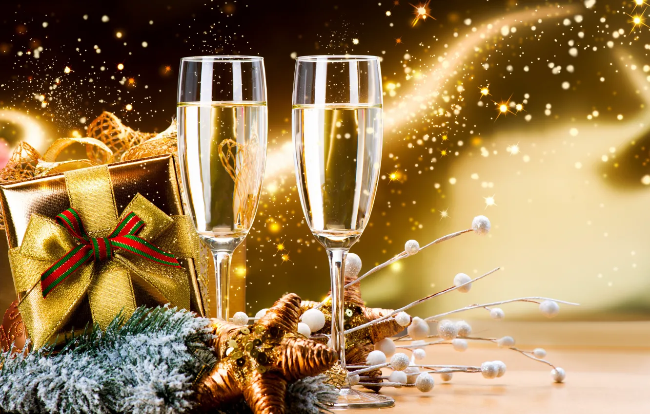 Фото обои украшения, подарок, Новый Год, бокалы, шампанское, New Year, Happy