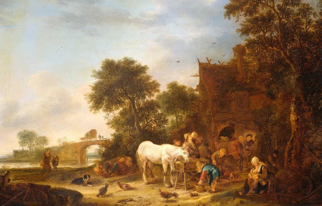Фото обои пейзаж, дерево, масло, картина, Исаак ван Остаде, Постоялый Двор с Лошадью у Кормушки