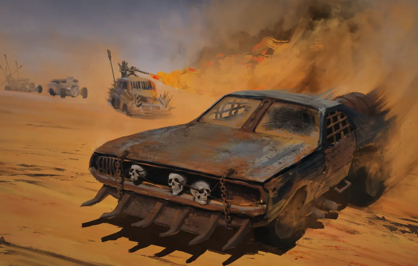 Фото обои песок, машины, фильм, пыль, арт, черепа, Mad Max