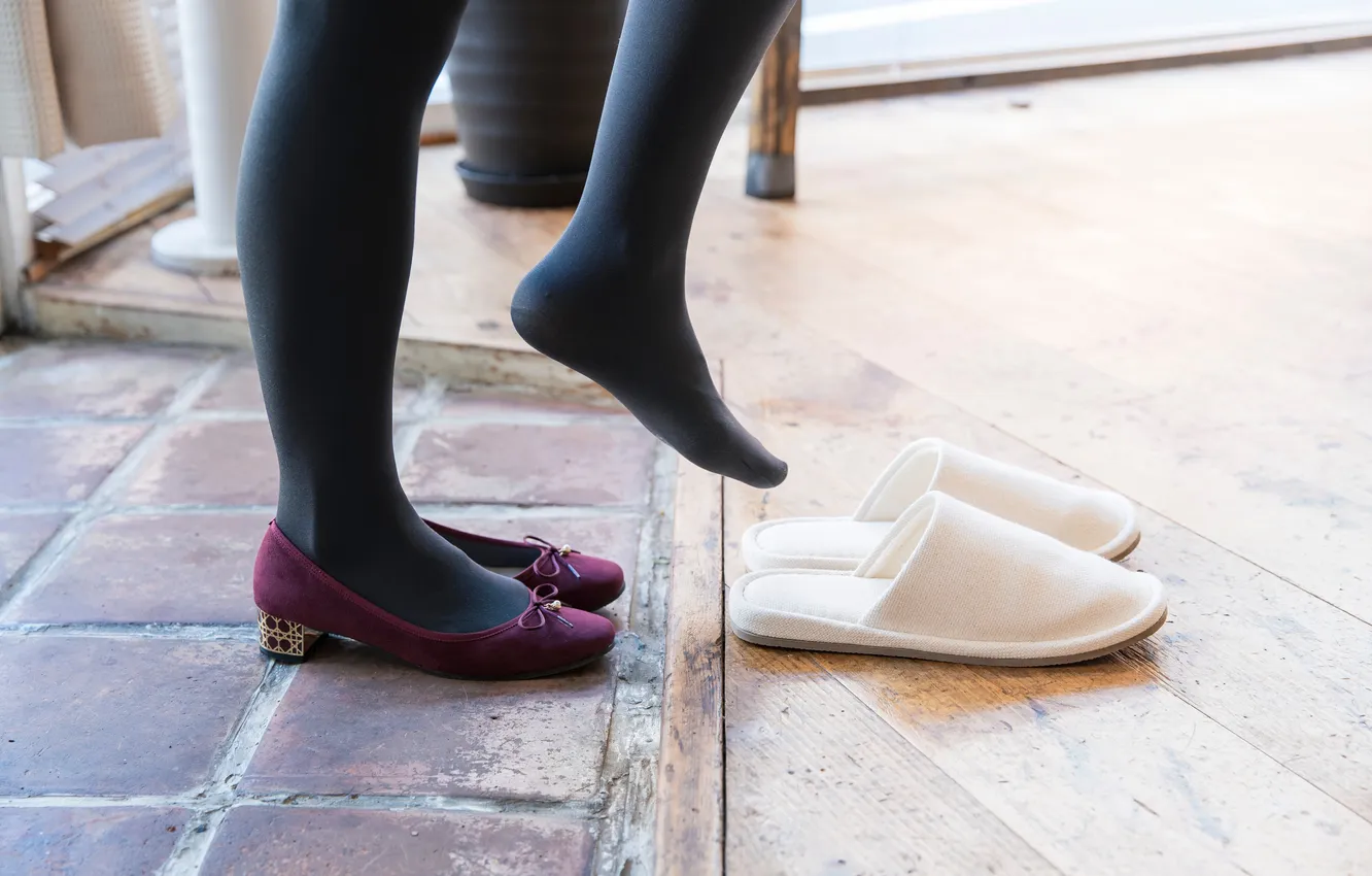 Фото обои woman, shoes, leg, pantyhose, tights, slipper, opaque tights