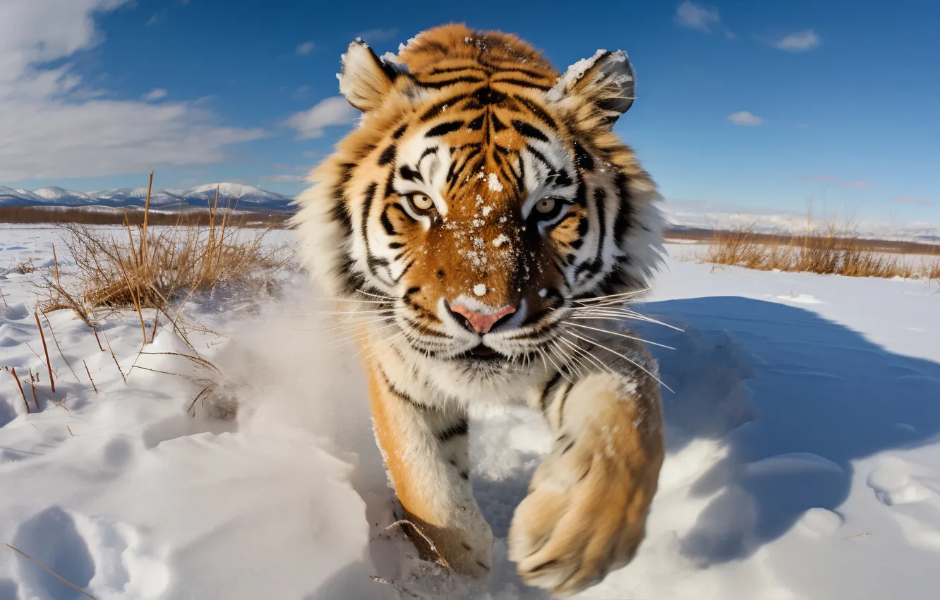 Фото обои Зима, Взгляд, Тигр, Снег, Спереди, Цифровое искусство, Большая кошка, Сибирский тигр