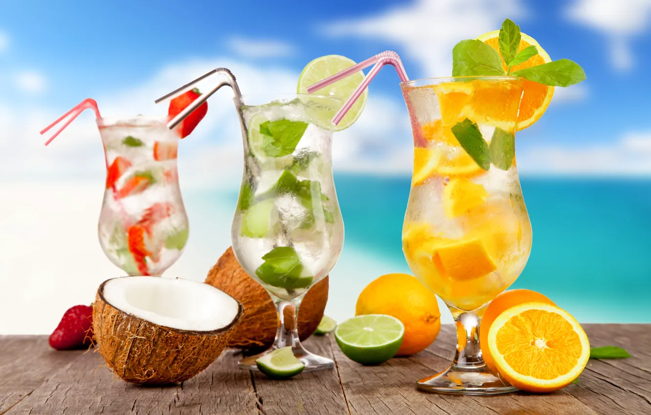 Фото обои море, пляж, коктейль, summer, фрукты, beach, fresh, sea