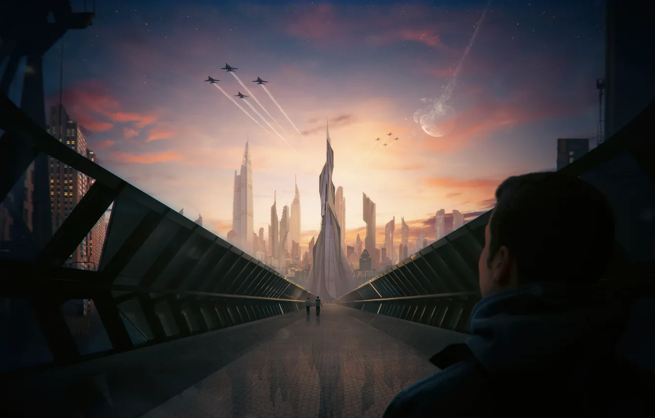 Фото обои Мост, Город, Будущее, Луна, Самолеты, Человек, Люди, Стиль