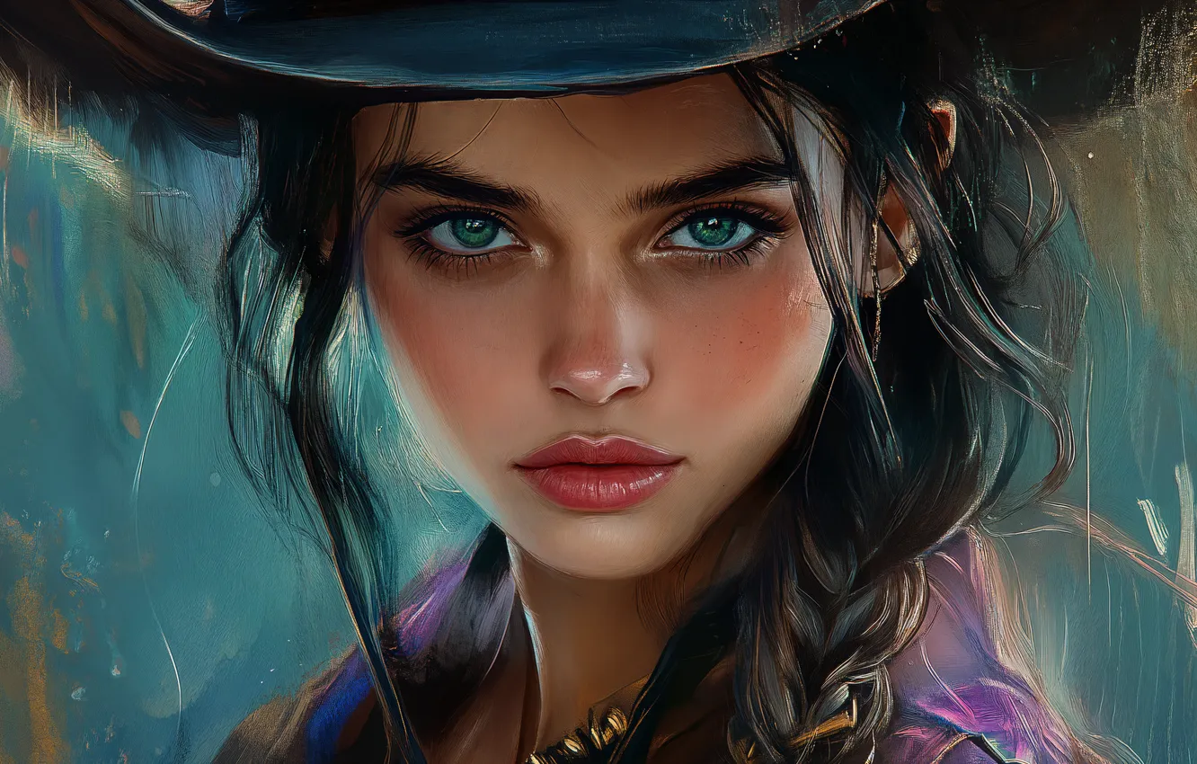 Фото обои girl, hat, eyes, cowgirl, ai art