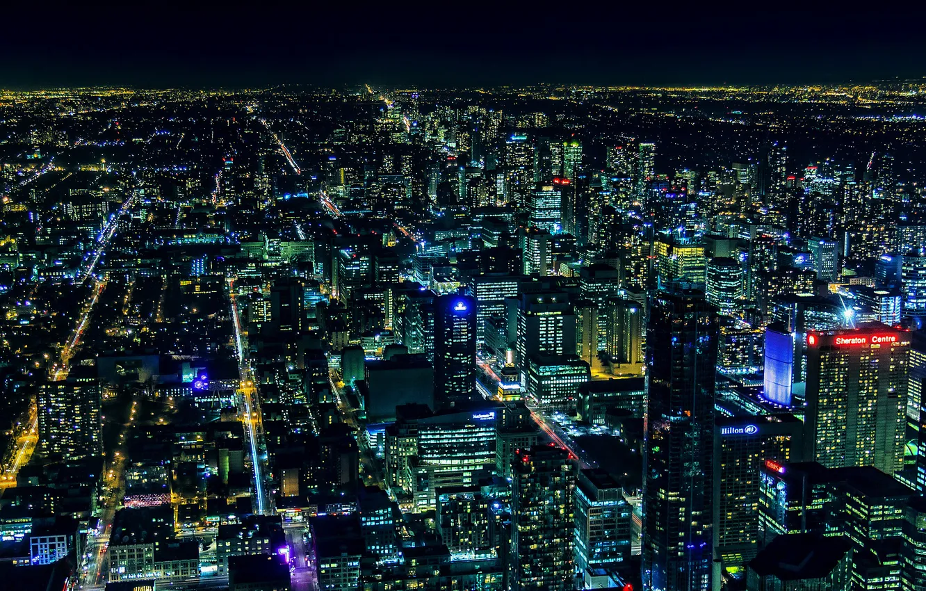 Фото обои ночь, город, огни, здания, панорама, Canada, небоскрёбы, Toronto
