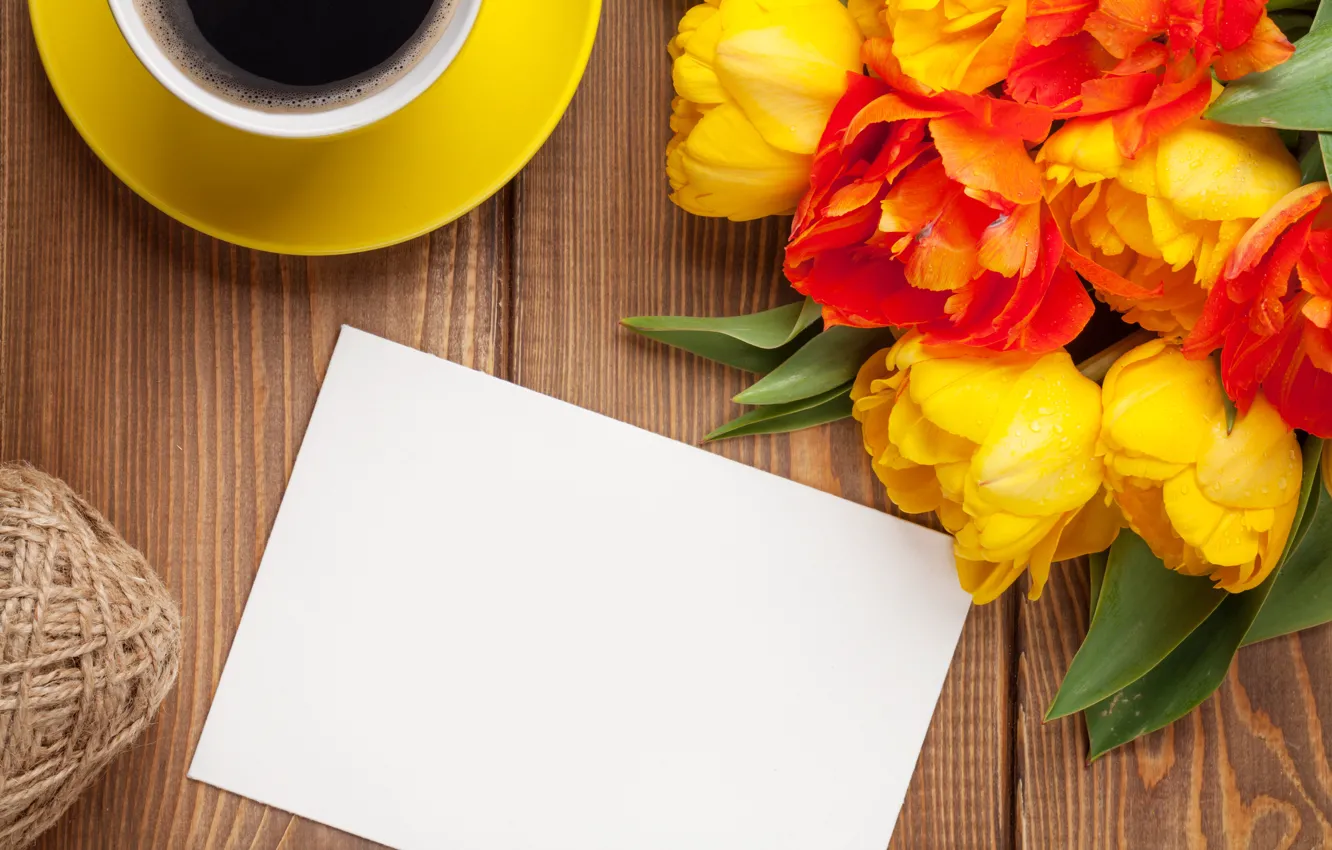 Фото обои кофе, букет, colorful, тюльпаны, yellow, flowers, cup, tulips
