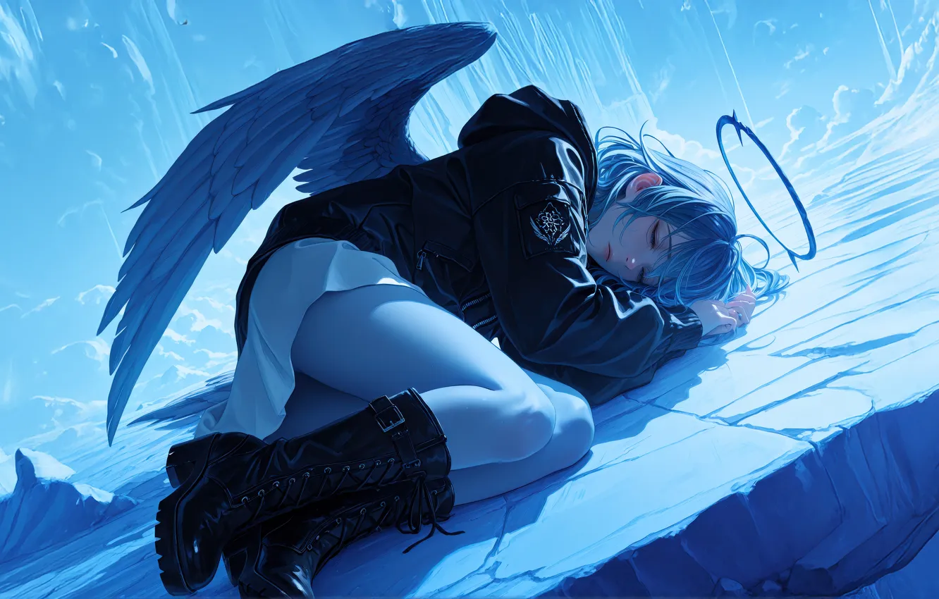 Фото обои girl, blue, wings, angel, resting