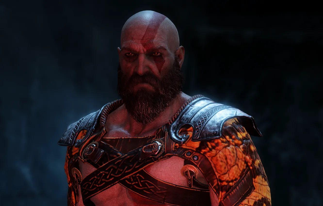 Фото обои god of war, weapon, kratos, man, face, blade, cool, viking