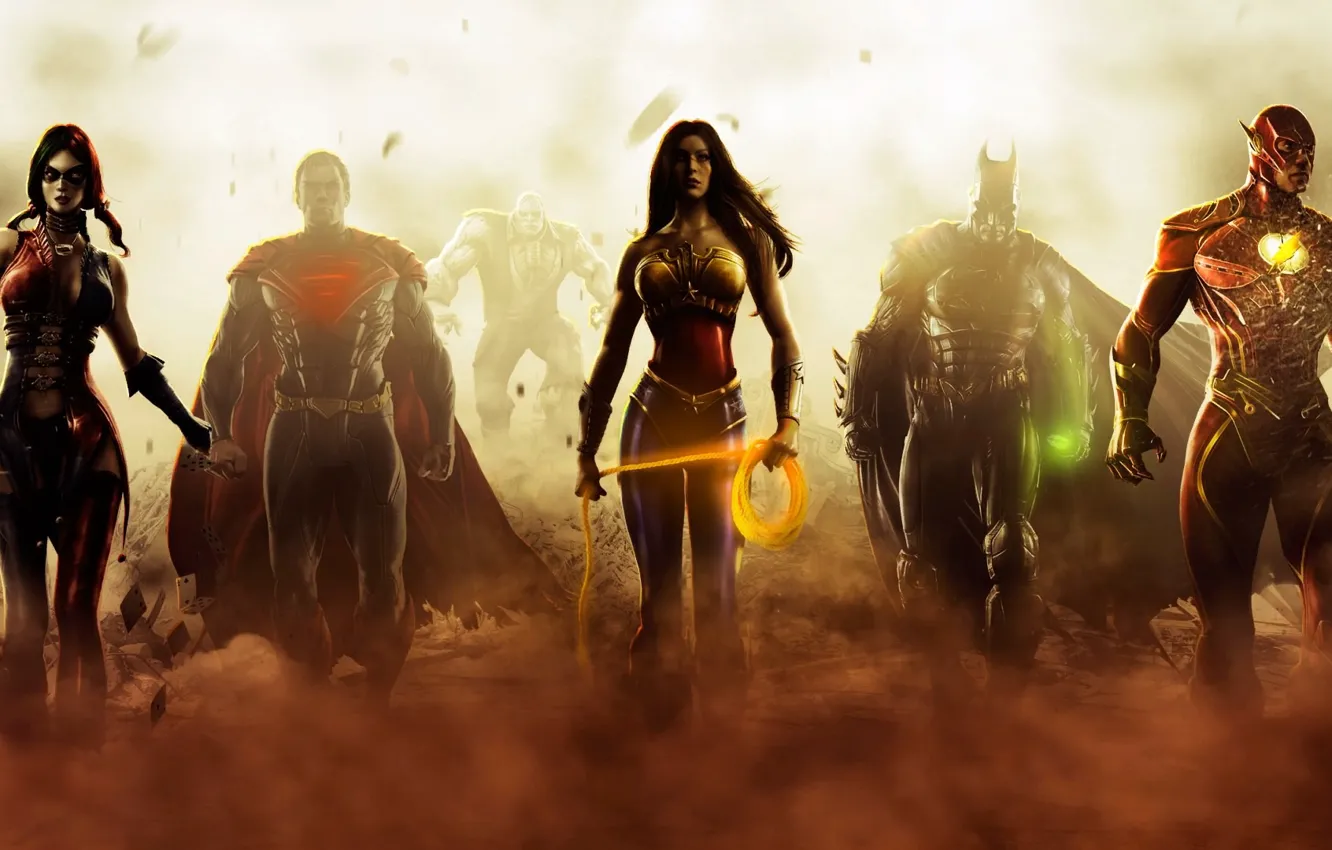 Фото обои Wonder Woman, Batman, Superman, 2013, Flash, Gods Among Us, Injustice
