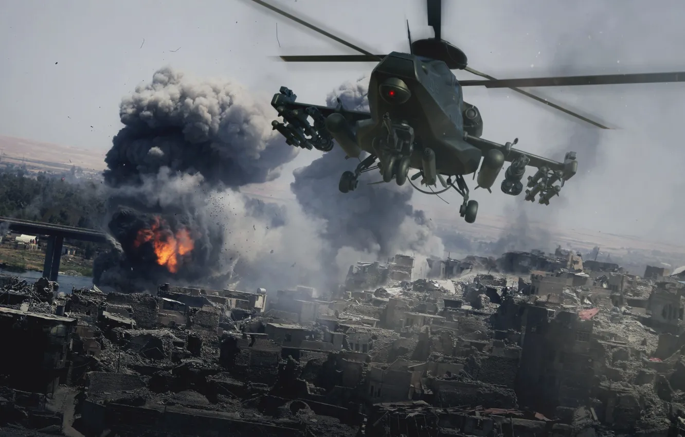 Фото обои дым, вертолёт, Military helicopter