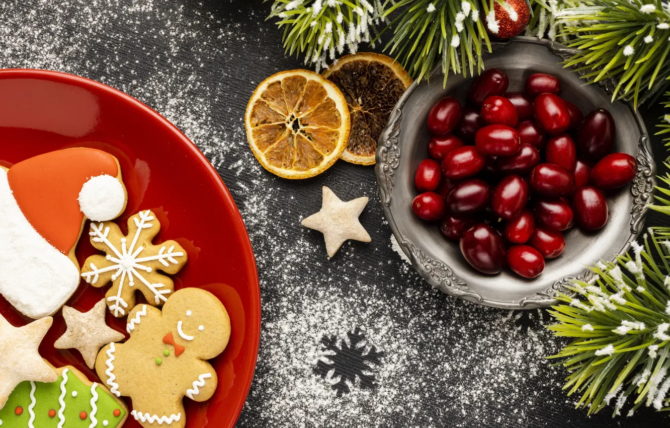 Фото обои ягоды, печенье, Рождество, Новый год, new year, Christmas, wood, fruits