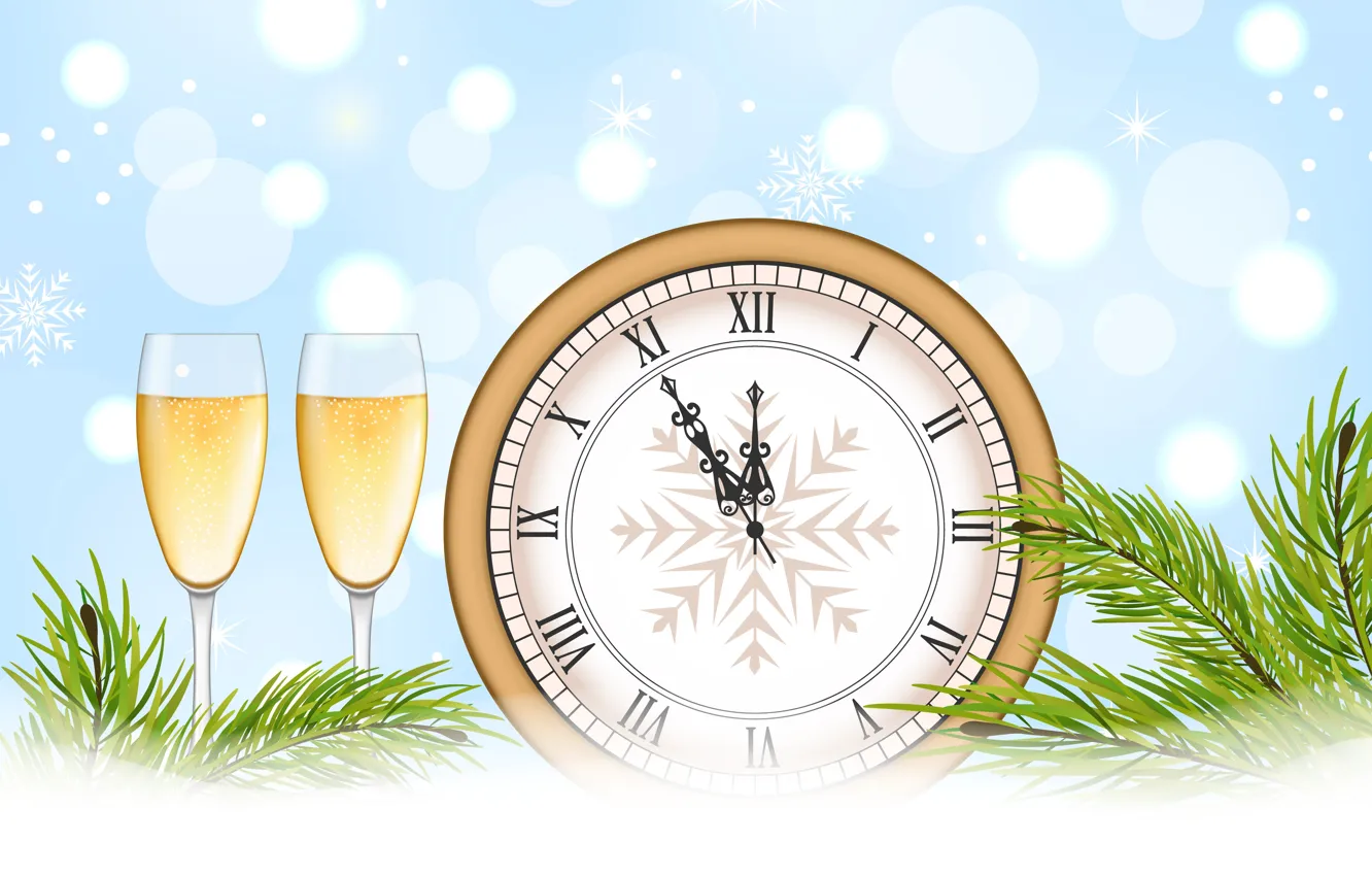 Фото обои снежинки, время, блики, фон, праздник, часы, вектор, бокалы