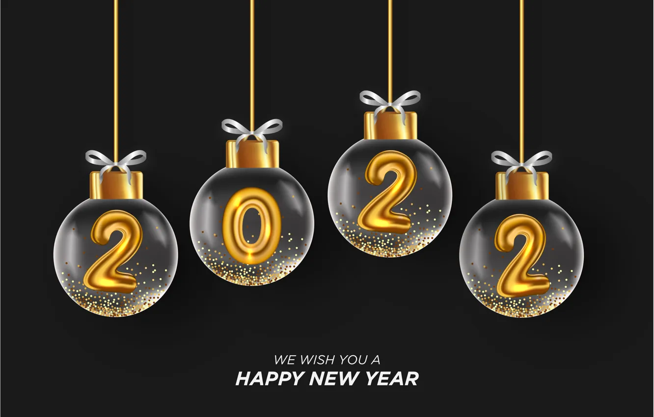 Фото обои золото, шары, цифры, Новый год, glass, golden, черный фон, new year