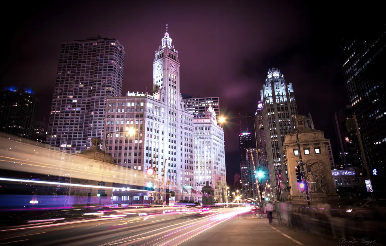 Фото обои ночь, город, огни, небоскребы, Чикаго, Иллиноис, Michigan