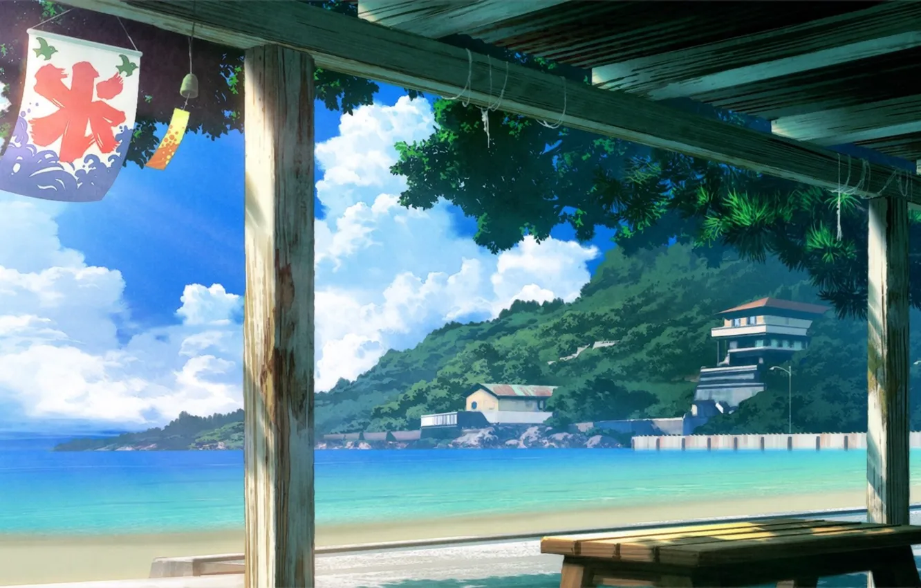 Фото обои море, пляж, небо, облака, берег, дома, Япония, навес