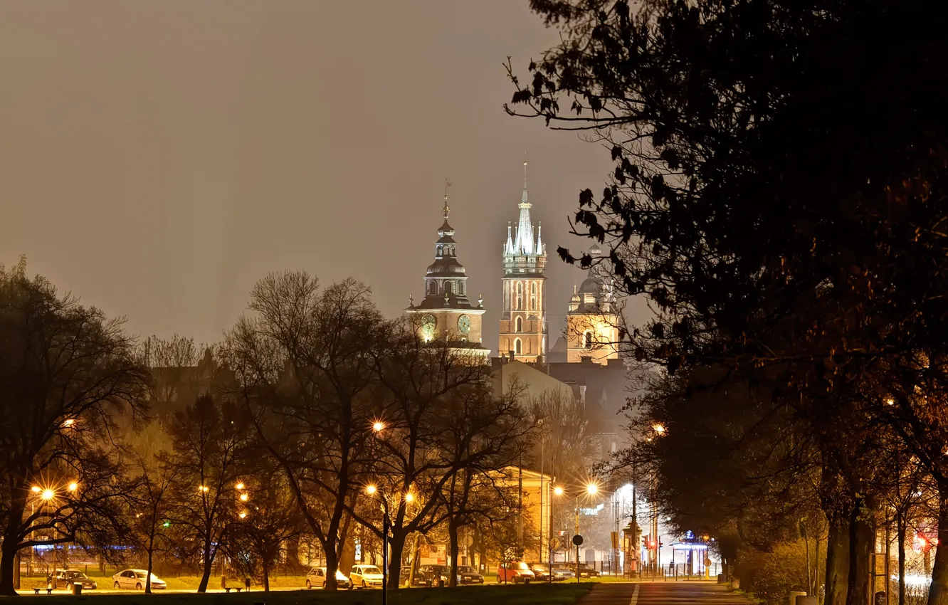 Фото обои деревья, ночь, огни, замок, Польша, фонари, Краков, Wawel