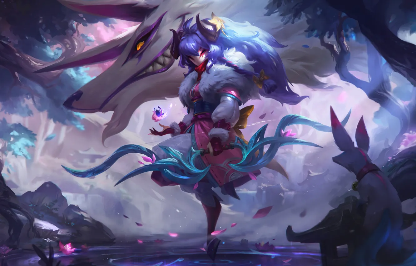 Фото обои Art, League of Legends, Skin, LoL, Kindred, Spirit Blossom, Spirit Blossom Kindred