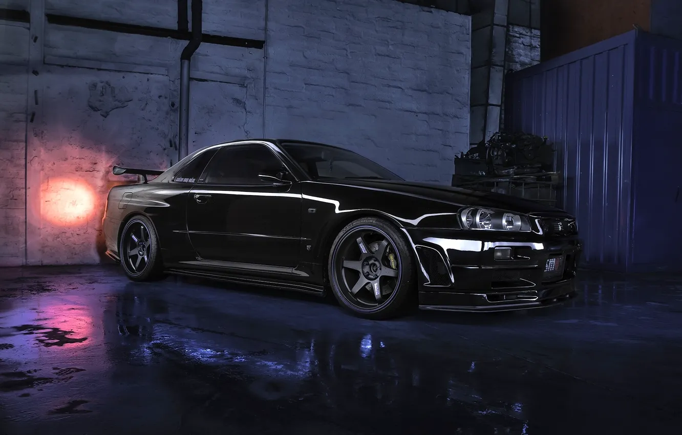 Фото обои чёрный, Nissan, Skyline, Nissan Skyline R34 GTR V