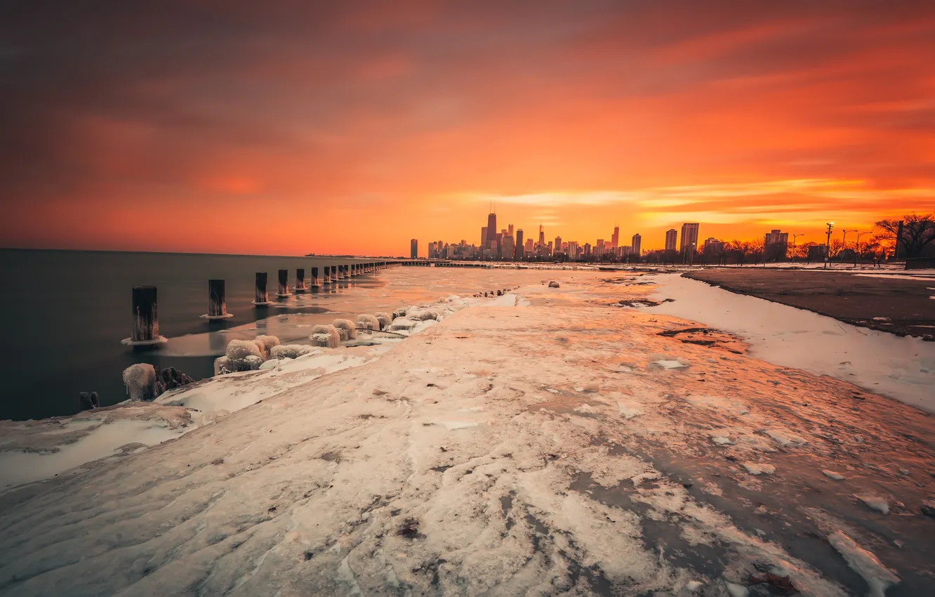 Фото обои закат, город, Чикаго