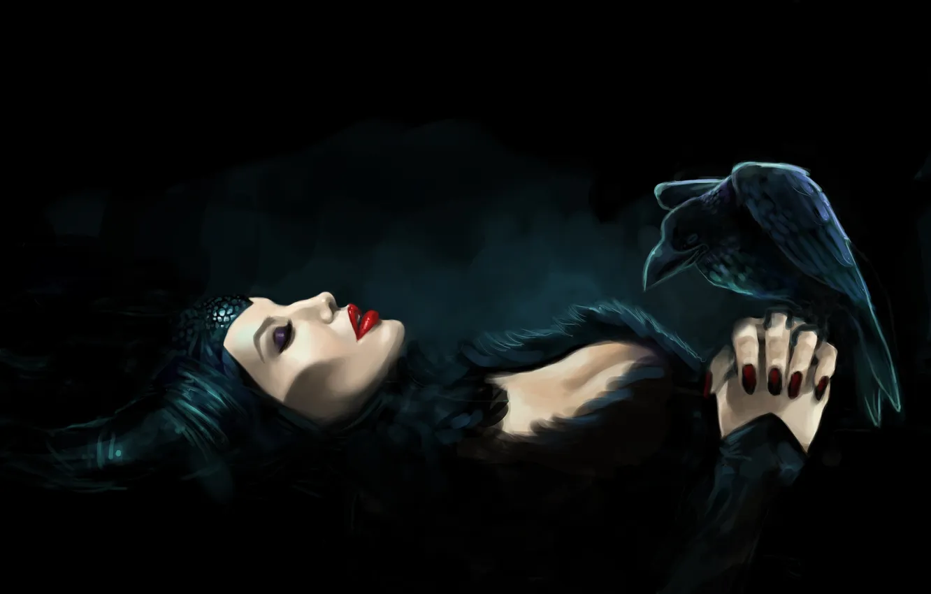 Фото обои арт, рога, ворон, красные губы, Maleficent, Малефисента
