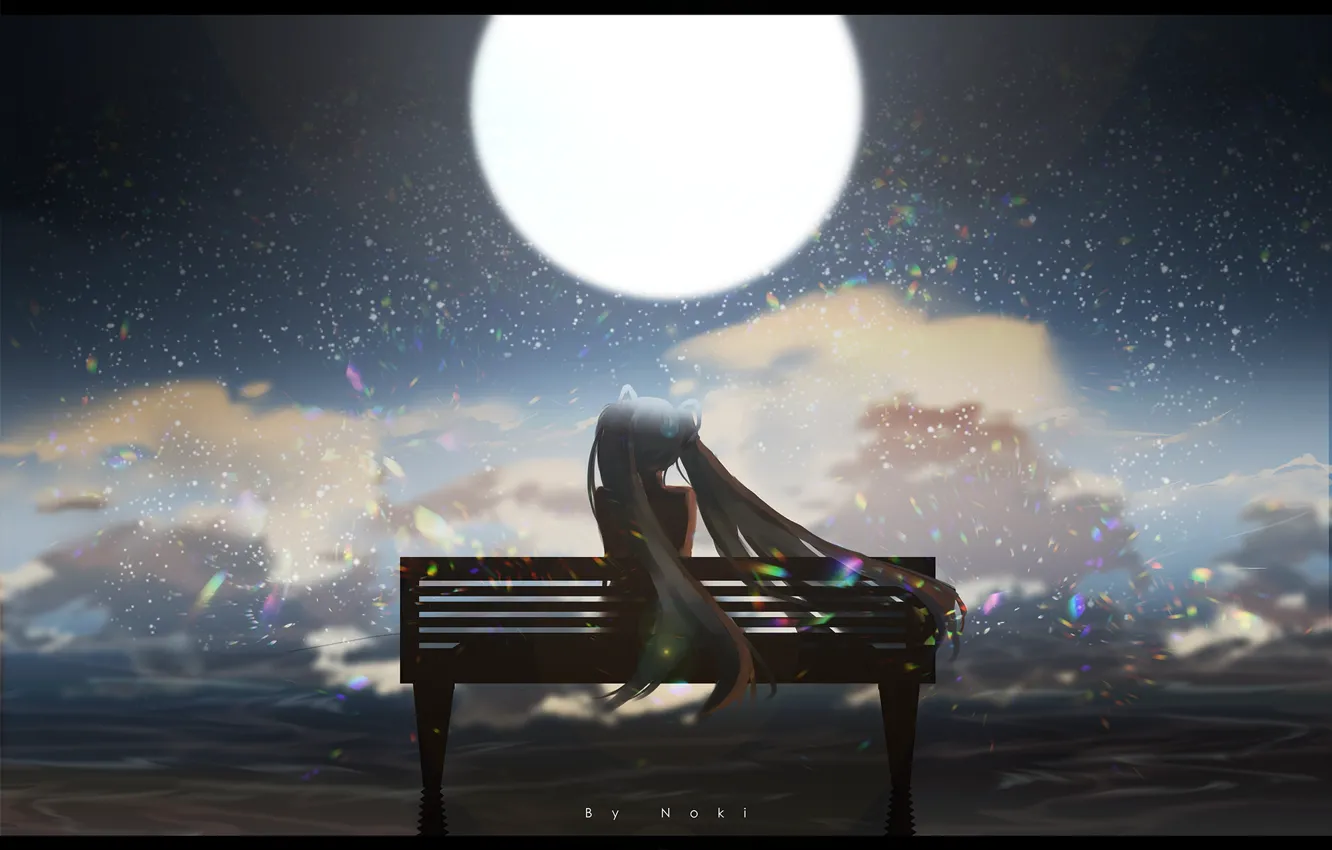 Фото обои море, девушка, ночь, луна, вокалоид, Хатсуне Мику