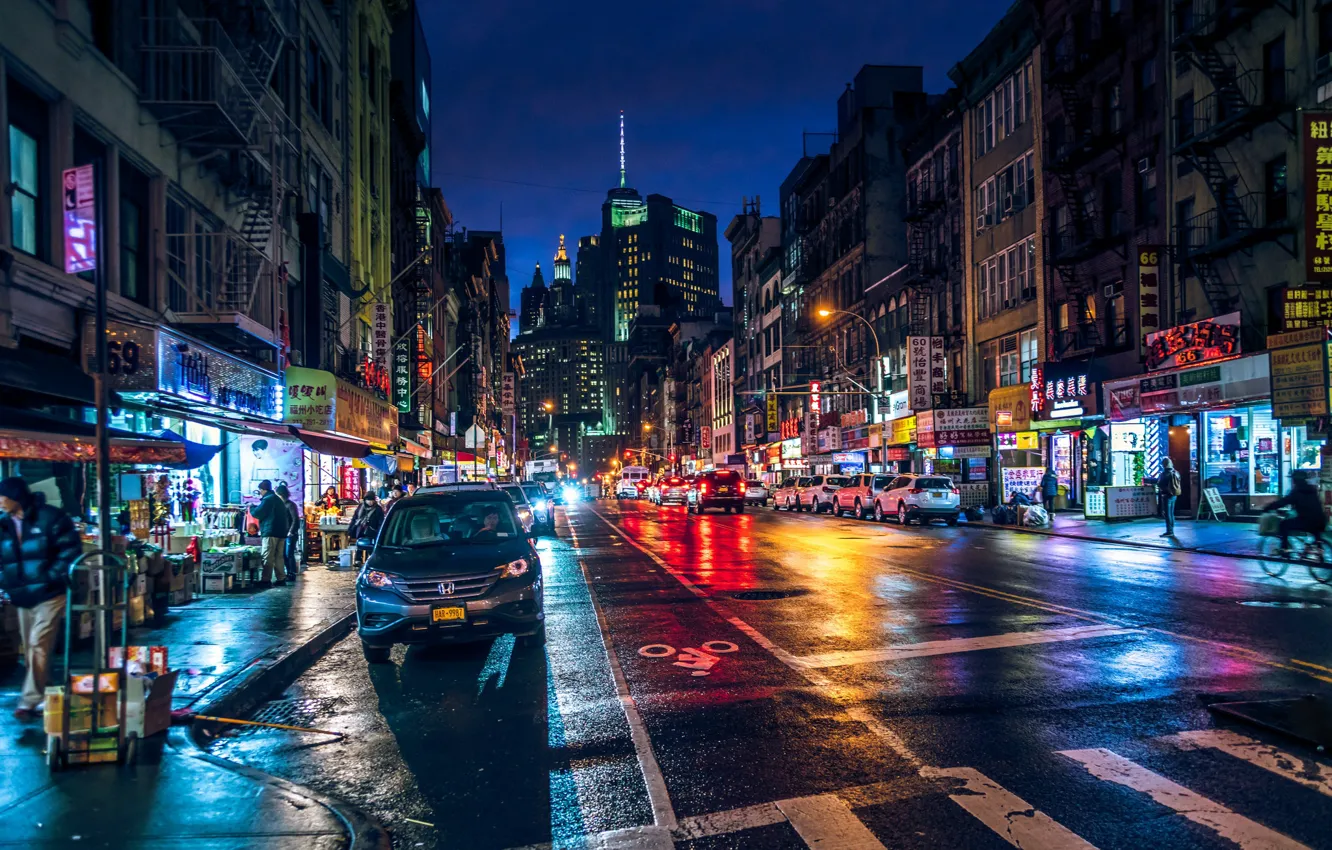 Фото обои ночь, огни, движение, улица, здание, Нью-Йорк, Манхеттен, New-York