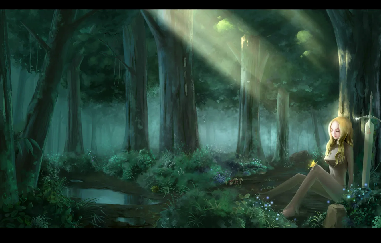Фото обои лес, вода, девушка, свет, деревья, цветы, природа, бабочка