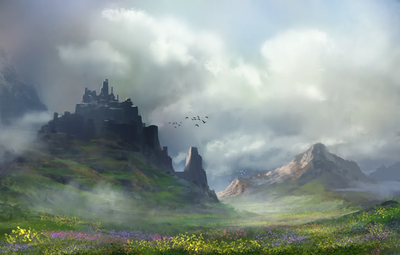 Фото обои облака, цветы, горы, птицы, арт, нарисованный пейзаж