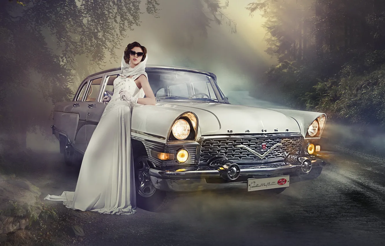 Фото обои машина, девушка, поза, ретро, Чайка, платье, СССР, красивая