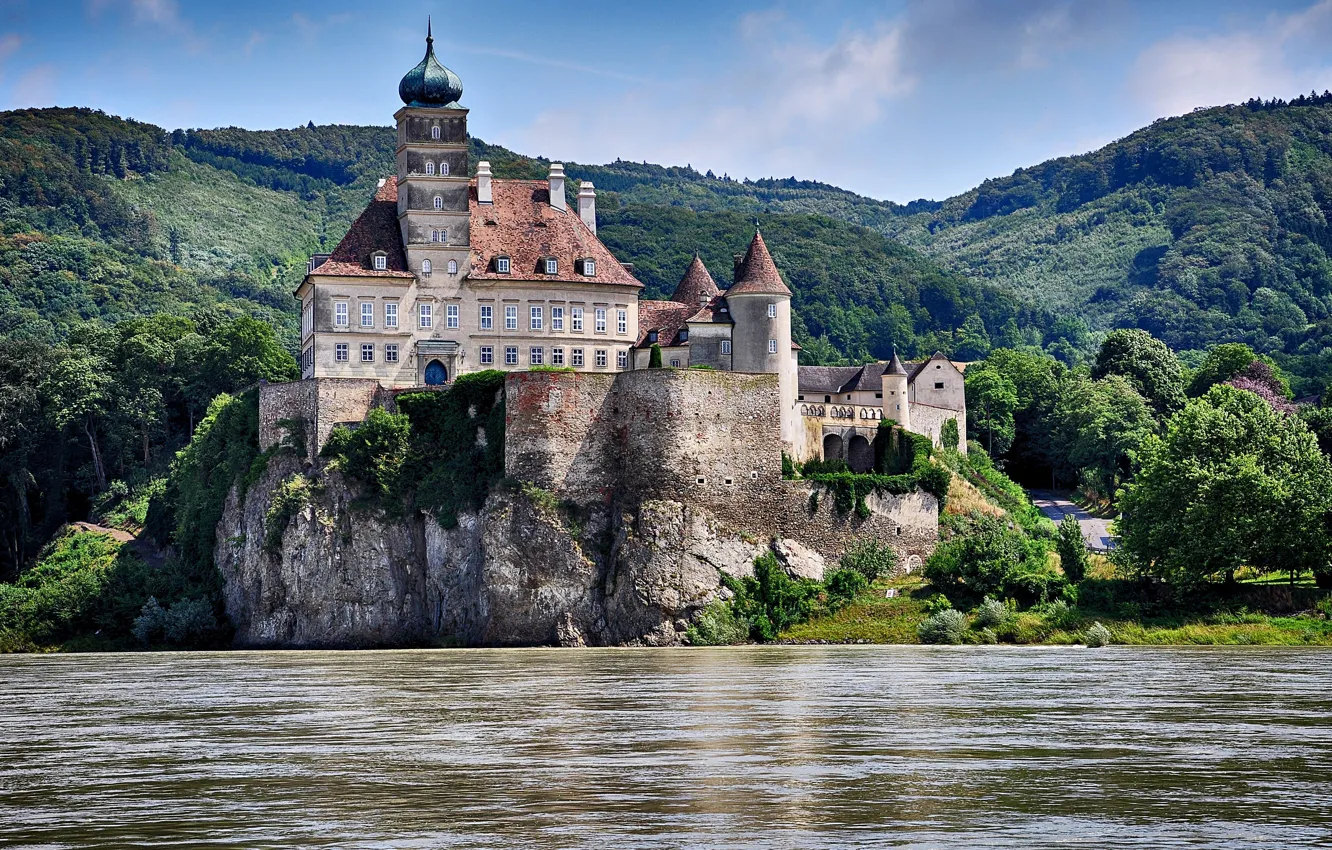 Фото обои пейзаж, горы, река, замок, Австрия, крепость, утёс, Дунай