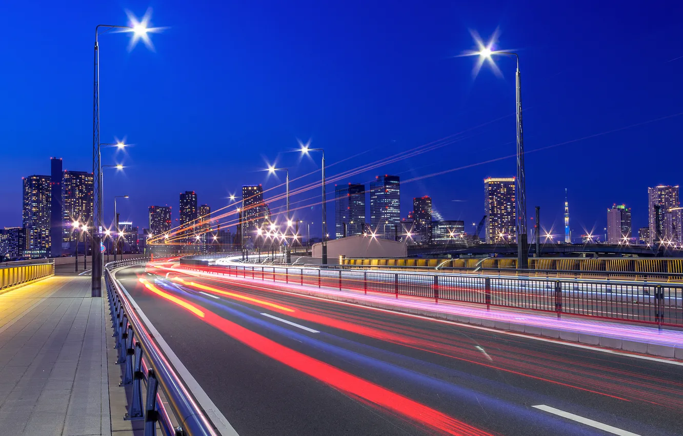 Фото обои свет, ночь, мост, город, огни, выдержка, Япония, Токио