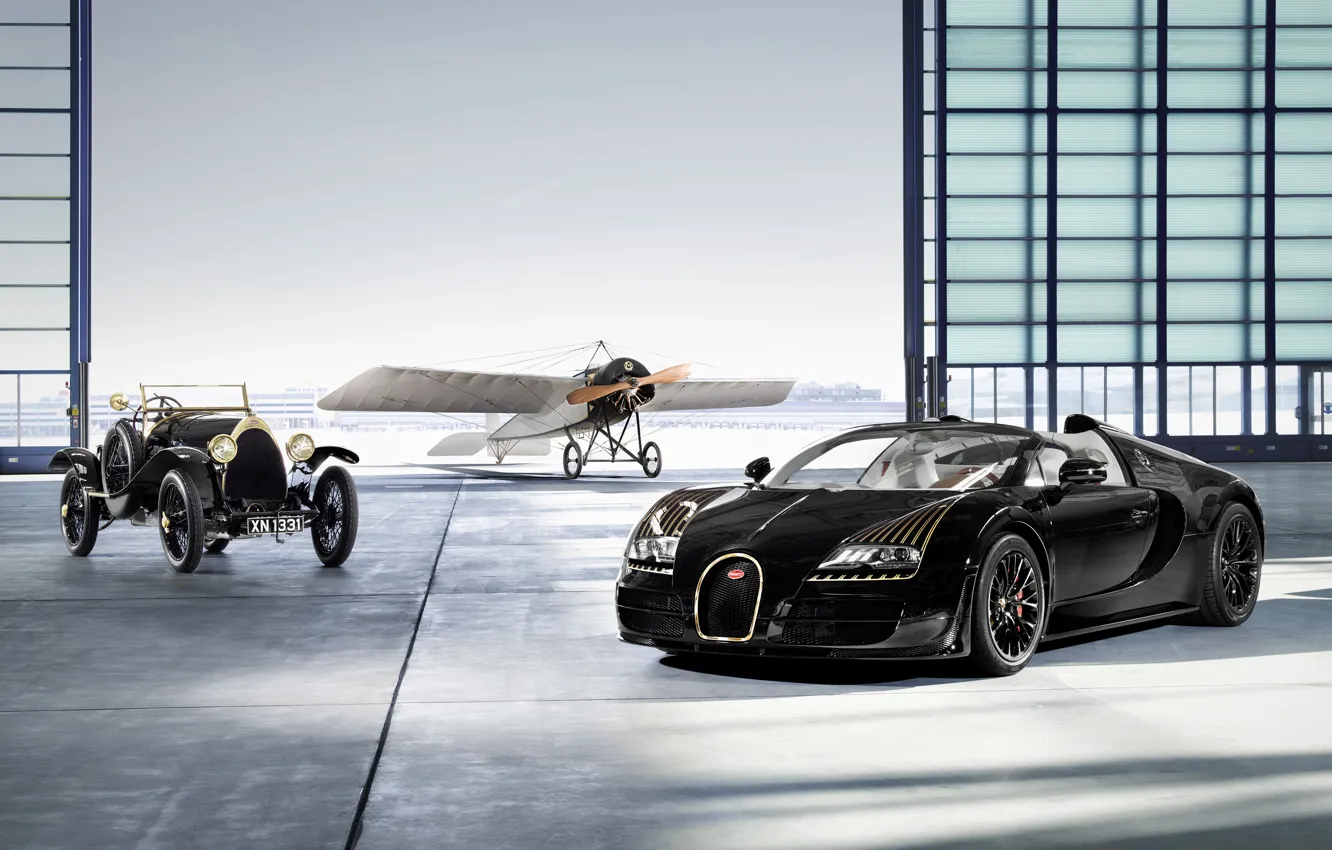 Фото обои Ангар, Bugatti Veyron, Раритет, Black Bess, Планер