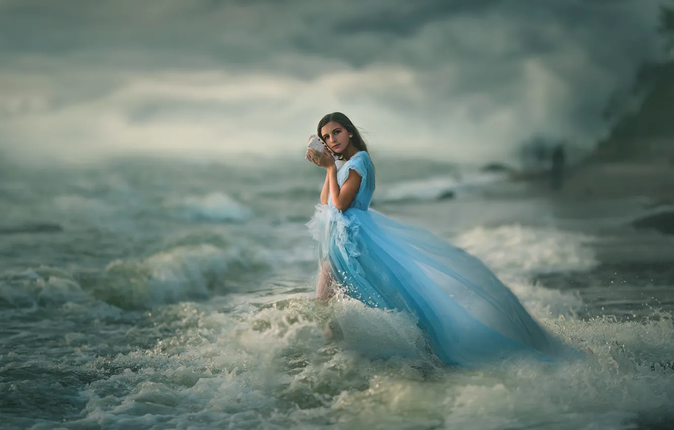 Фото обои море, настроение, платье, ракушка, девочка