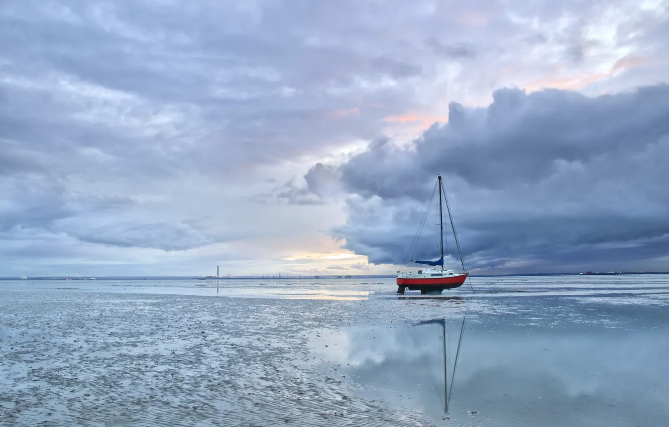 Фото обои пейзаж, лодка, мель, England, Thorpe Bay, Southend-on-Sea