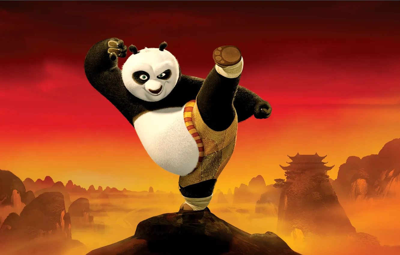 Фото обои взгляд, красное, мультфильм, удар, стойка, Кунг-фу панда 2, kung-fu
