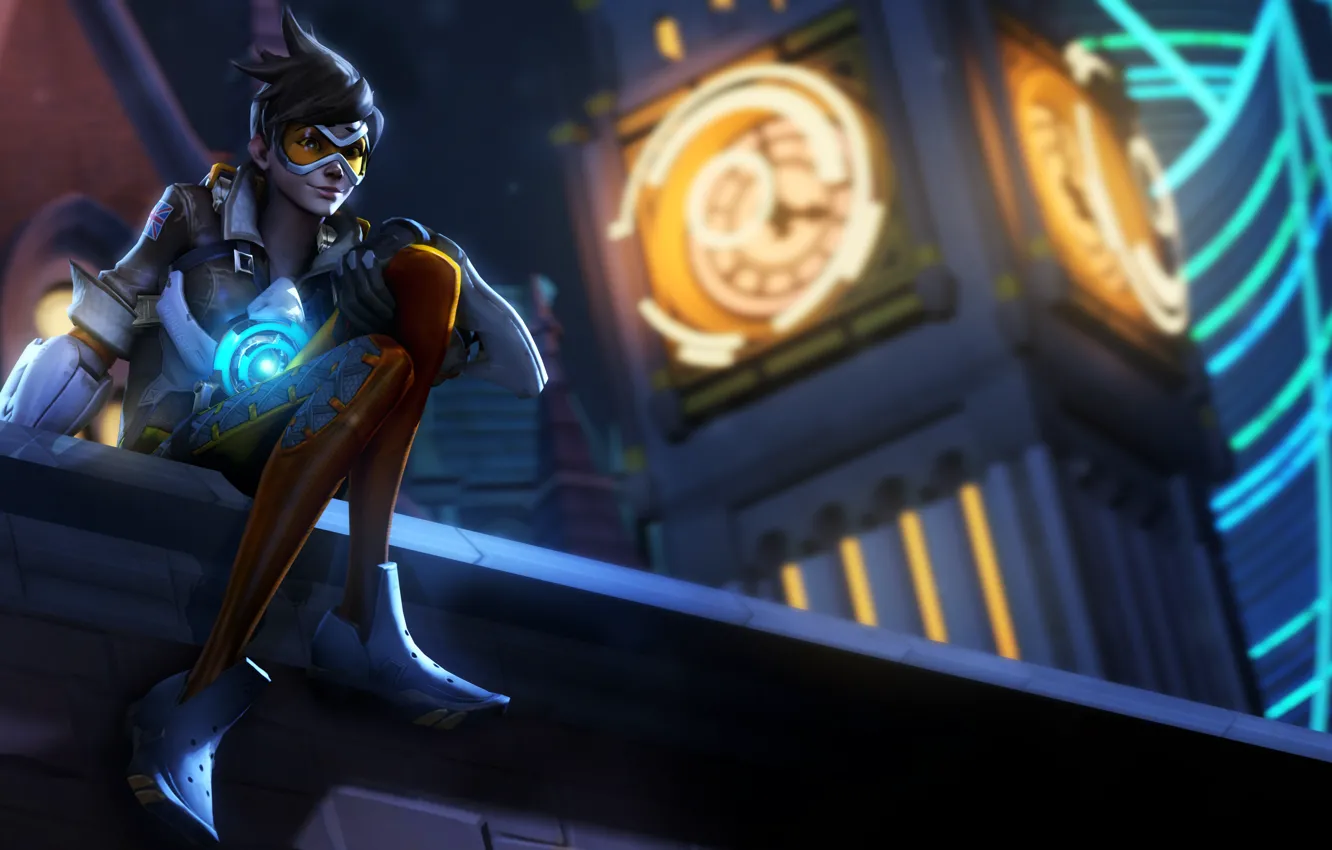 Фото обои крыша, девушка, ночь, рендеринг, Overwatch, Tracer, Lena Oxton