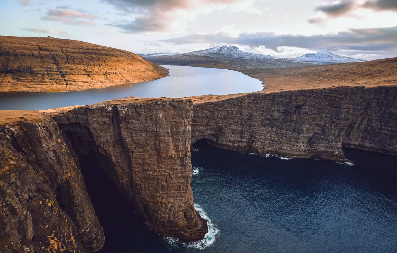 Фото обои море, небо, облака, горы, река, океан, скалы, Фарерские острова
