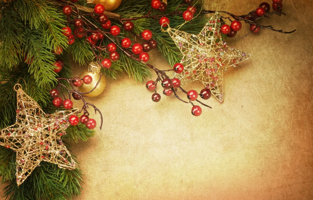 Фото обои звезды, шарики, украшения, праздник, игрушки, елка, ветка, Новый Год